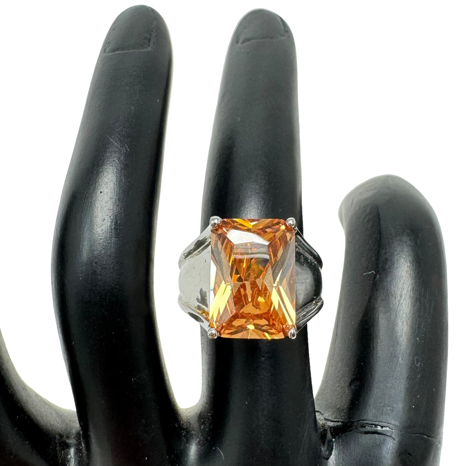 Vtg Silver Tone Faux Citrine Rhinestone Emerald Cut Large Solitaire Ring Sz 7