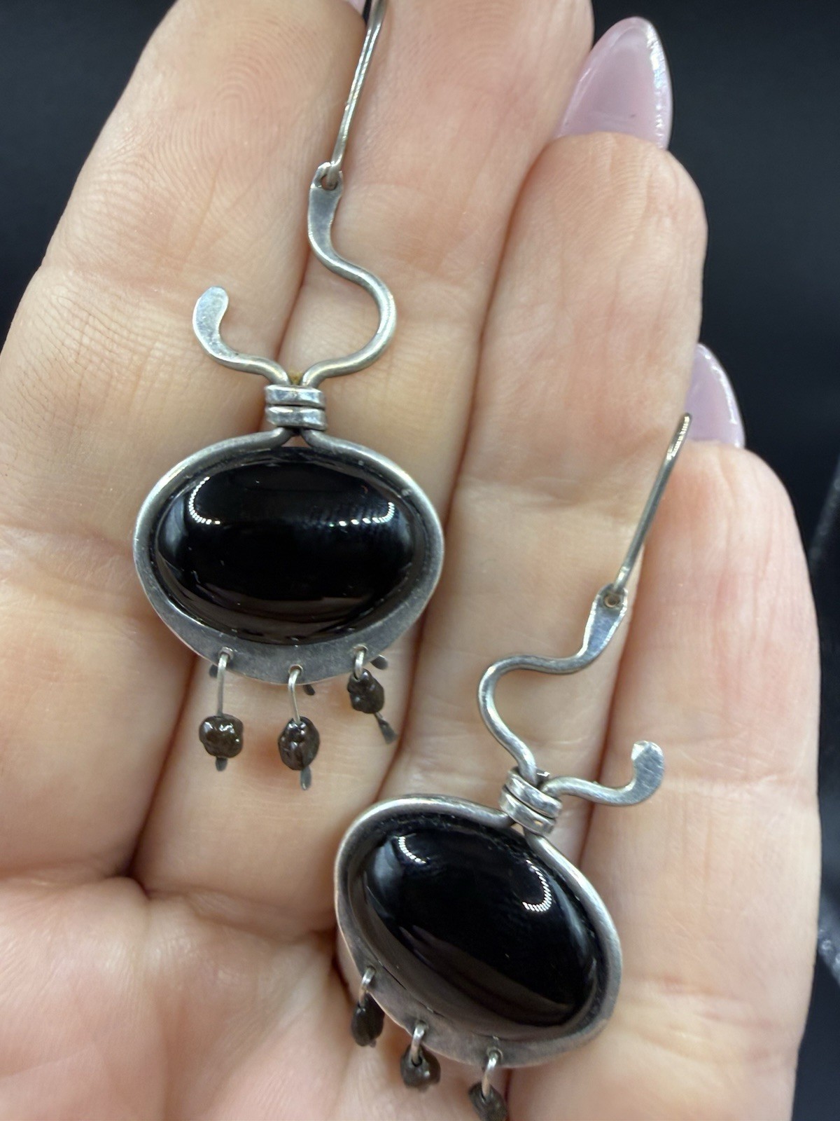 Black Onyx Dangle Ellipse Cabochon Silver Drop Earrings