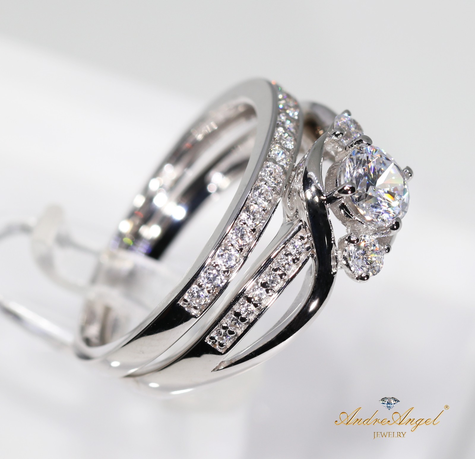 Solid Silver 925 Wedding Engagement Ring Set Infinity 3-Stone Cubic Zirconia 5A+