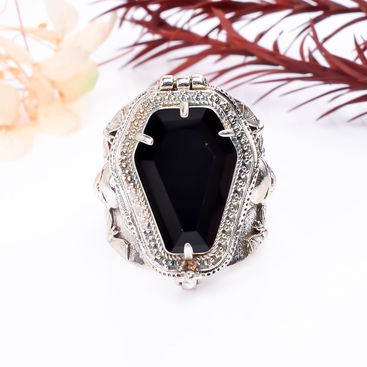Skull Coffin Poison Ring, Black Onyx Gemstone 925 Silver Handmade Poison Ring,