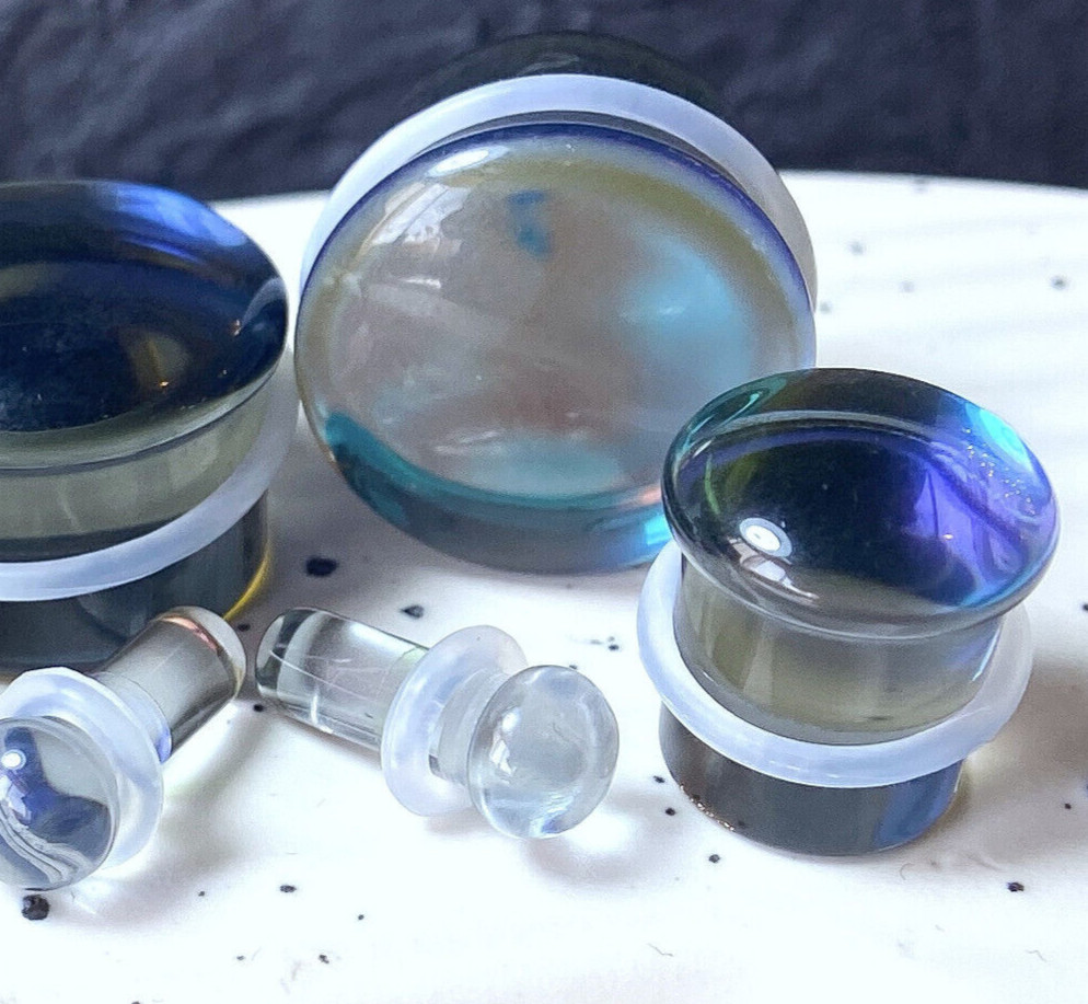 PAIR of Midnight Moonstone Glass Single Flare Plugs Tunnels Gauges Body Jewelry