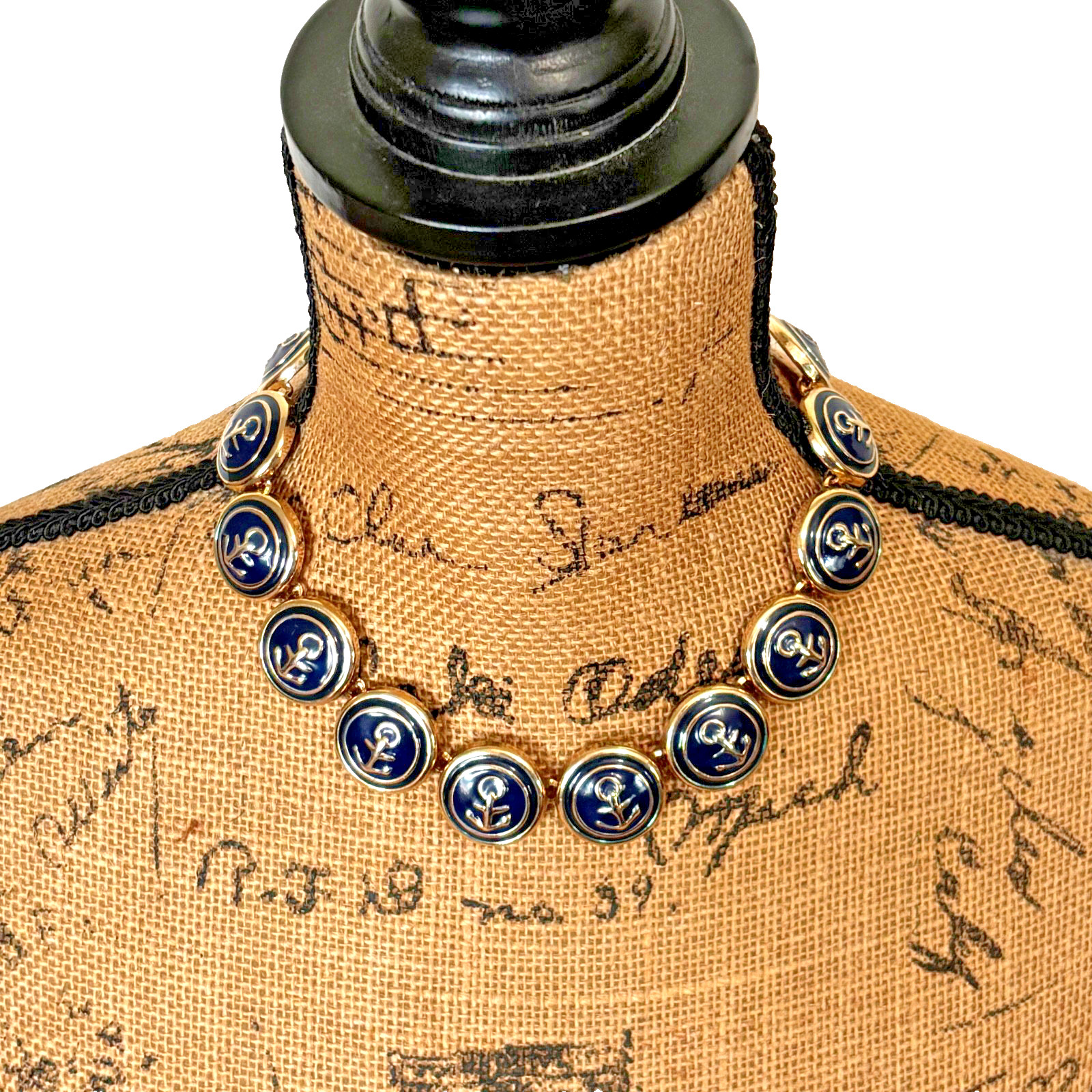 VTG Navy Blue Enamel Nautical Anchor Choker Necklace & Pierced Earrings Sailing