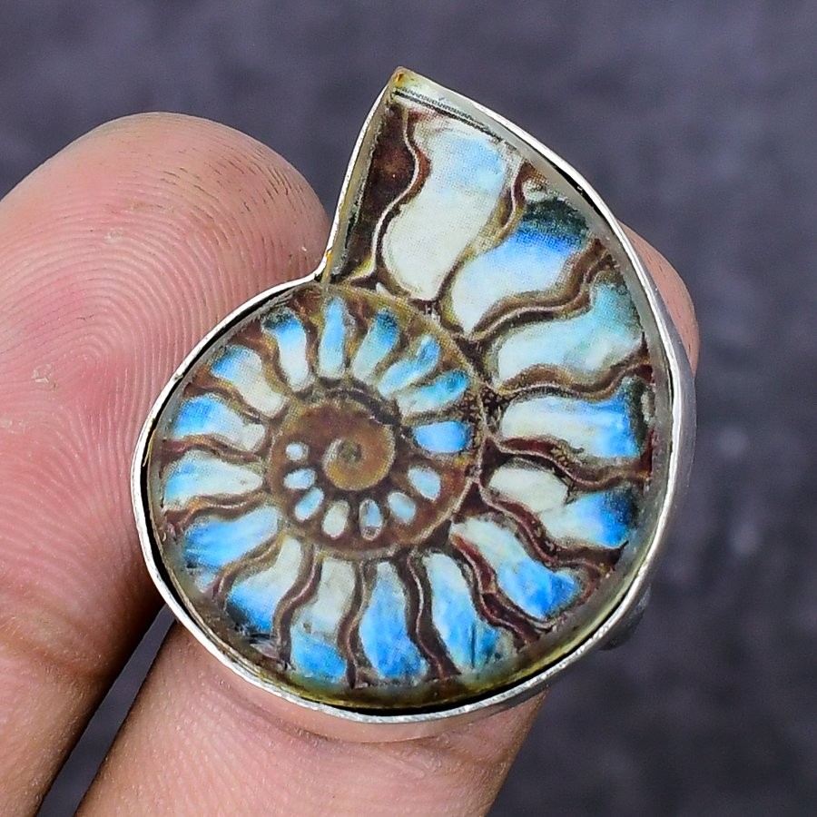 Ammonite Fossil Gemstone 925 Sterling Silver Jewelry Ring Size 6.5 e885