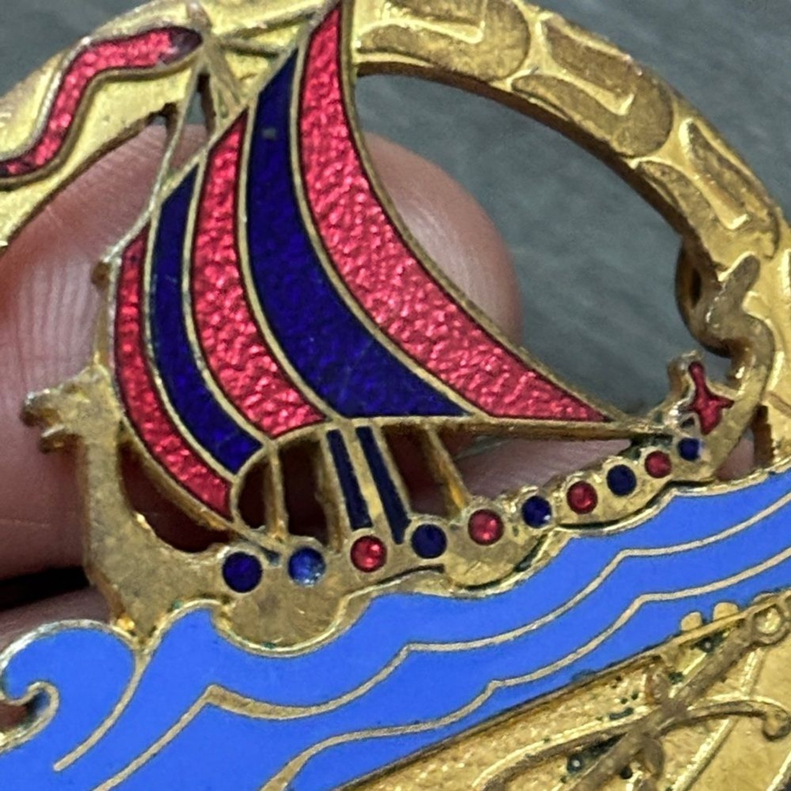 Vintage Lagerströms Mjölby Viking Ship Brooch with Pink and Blue Accents
