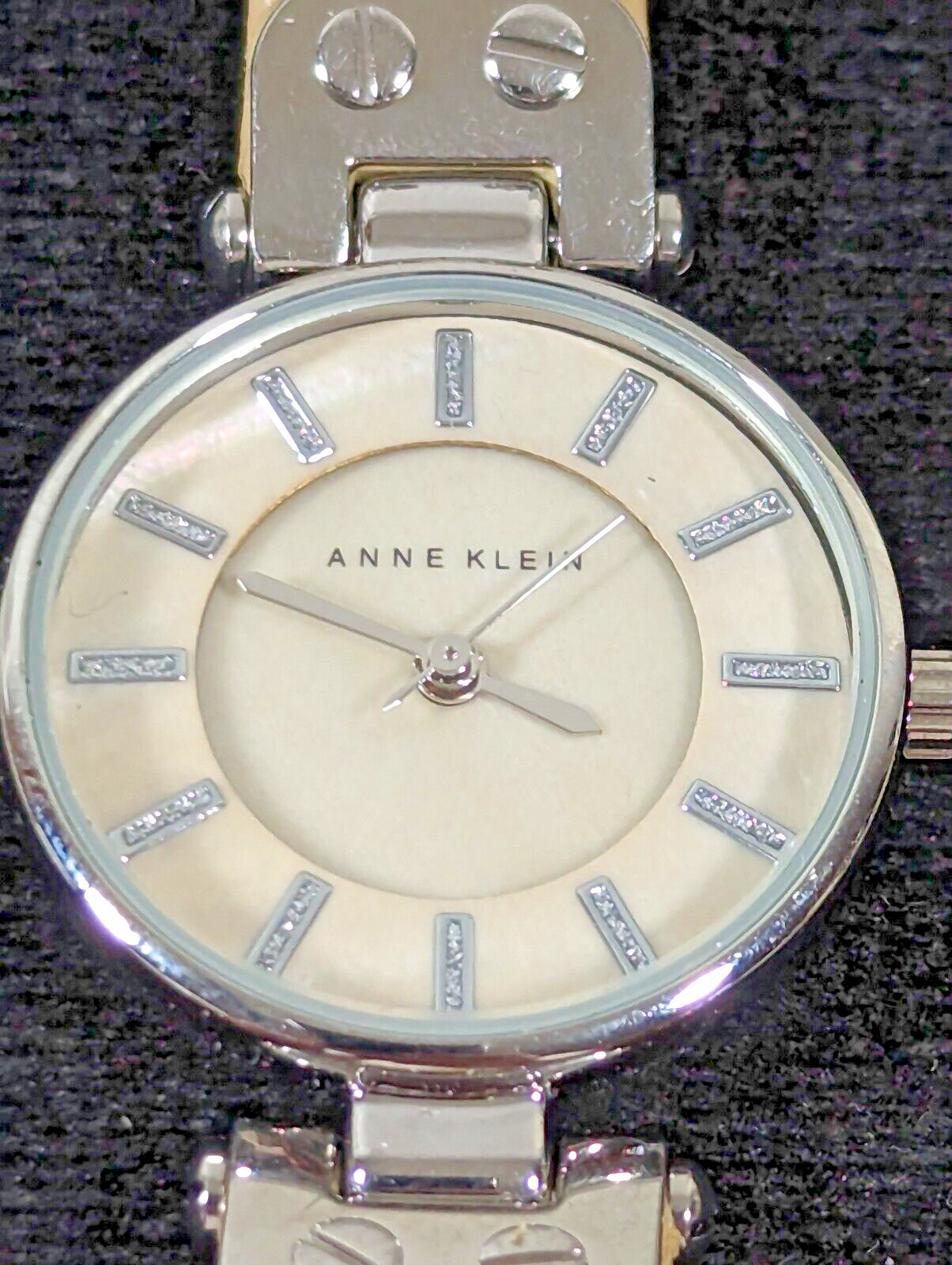 Anne Klein AK/1951 MOP Dial Silver Tone Round Case Lather Band Watch 7.5 Inch