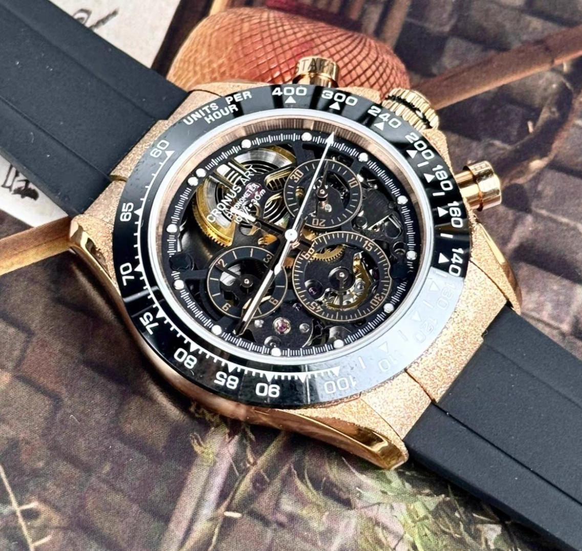CRONUSART Men Chronograph Watch 42mm Automatic Mechanical Wristwatch Skeleton