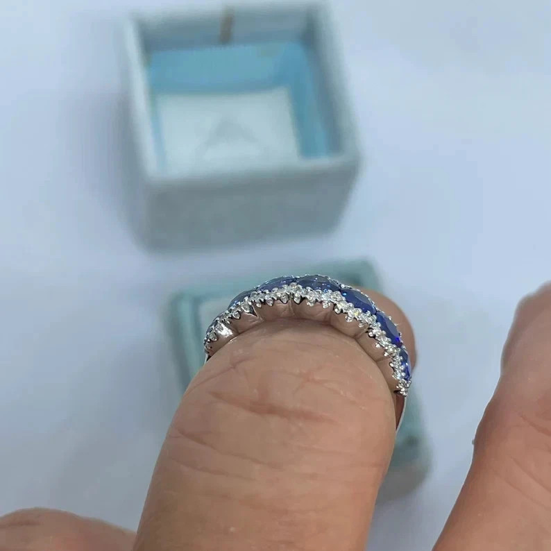 3.50 Ct Round Natural Sapphire Diamond Anniversary Ring 14K Solid White Gold 6