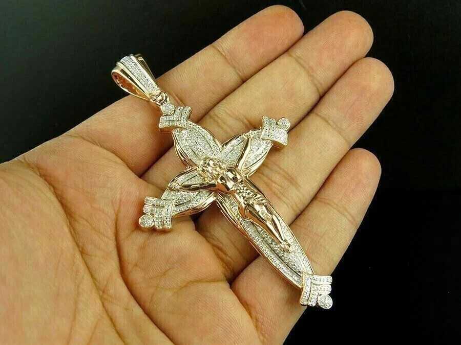 1.70Ct Round Diamond Men’s Cross Pendant 14K Rose Gold Plated Silve