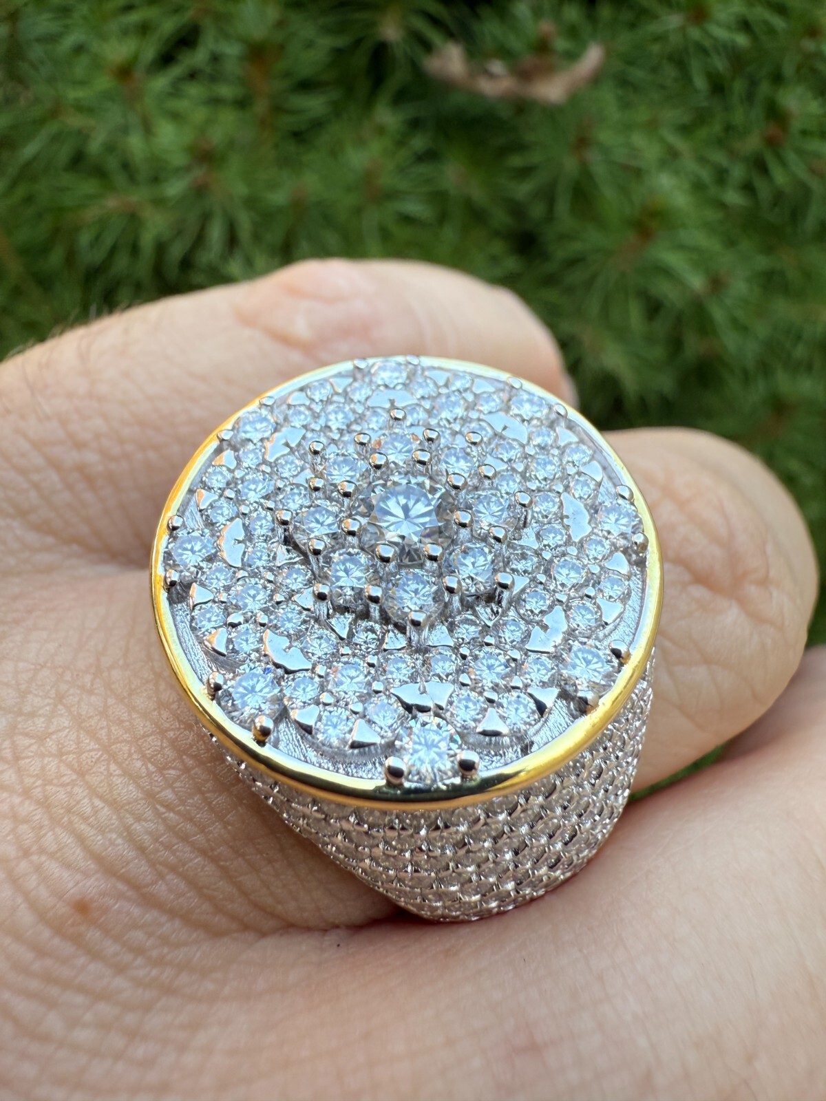 Real MOISSANITE Mens Flower Setting Honeycomb Iced Ring 14k Gold Over 925 Silver