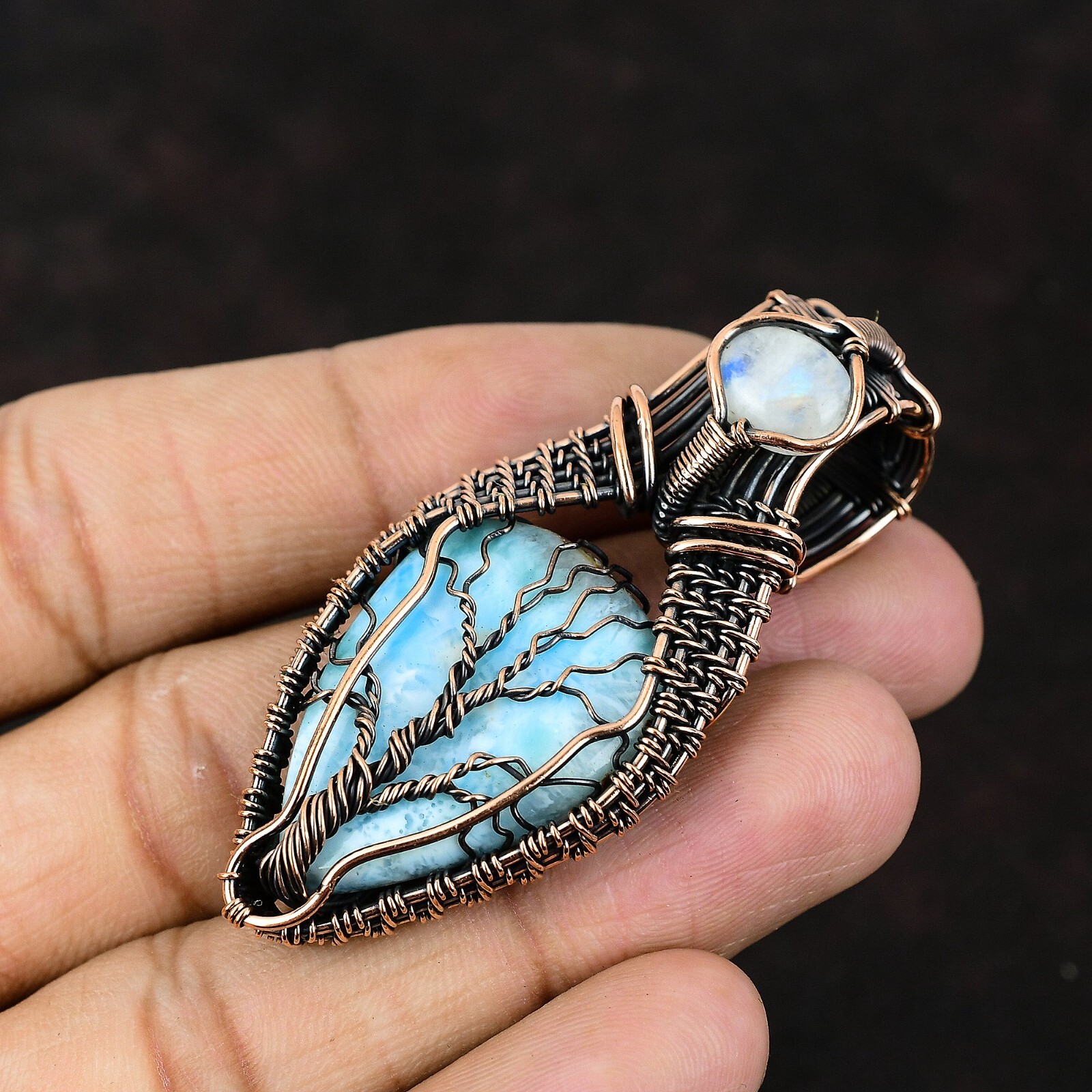 Larimar Jewelry Copper Friend Gift Wire Wrapped Tree Of Life Pendant 2.4″