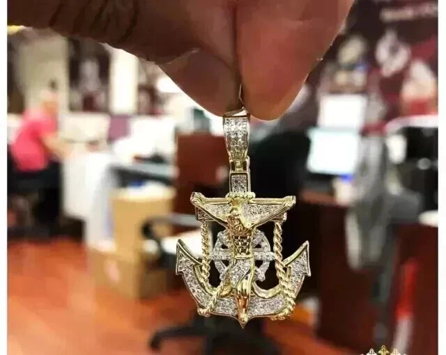14K Yellow Gold Plated 3.Ct Round Moissanite Jesus Cross Mariner Anchor Pendant