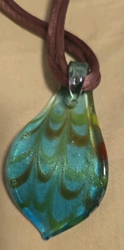 16″ MURANO STYLE Blown Glass Choker TAUPE Satin Rope SKY BLUE/ORANGE Glass