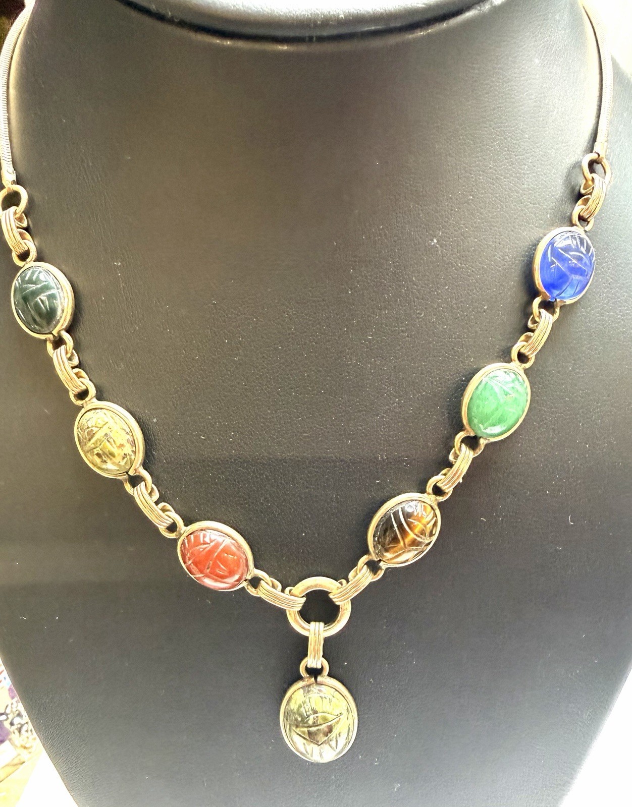 Vintage Burt Cassell 1/20th 12k Gold Fill Multi Gemstone Scarab Necklace 16”