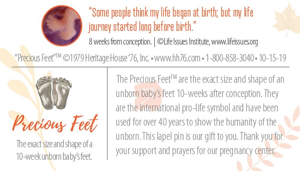Precious Feet Silver-Colored Thanksgiving Donor Card Pro-Life Jewelry, Lapel Pin