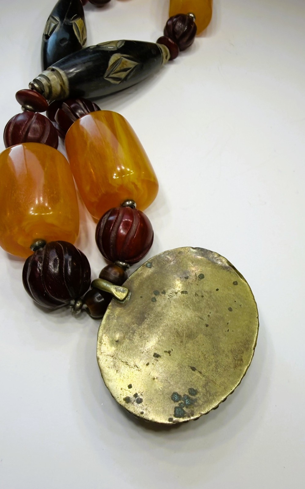 Vintage Tibetan Style Mosaic Pendant Necklace Butterscotch Resin Bone Beads 26″