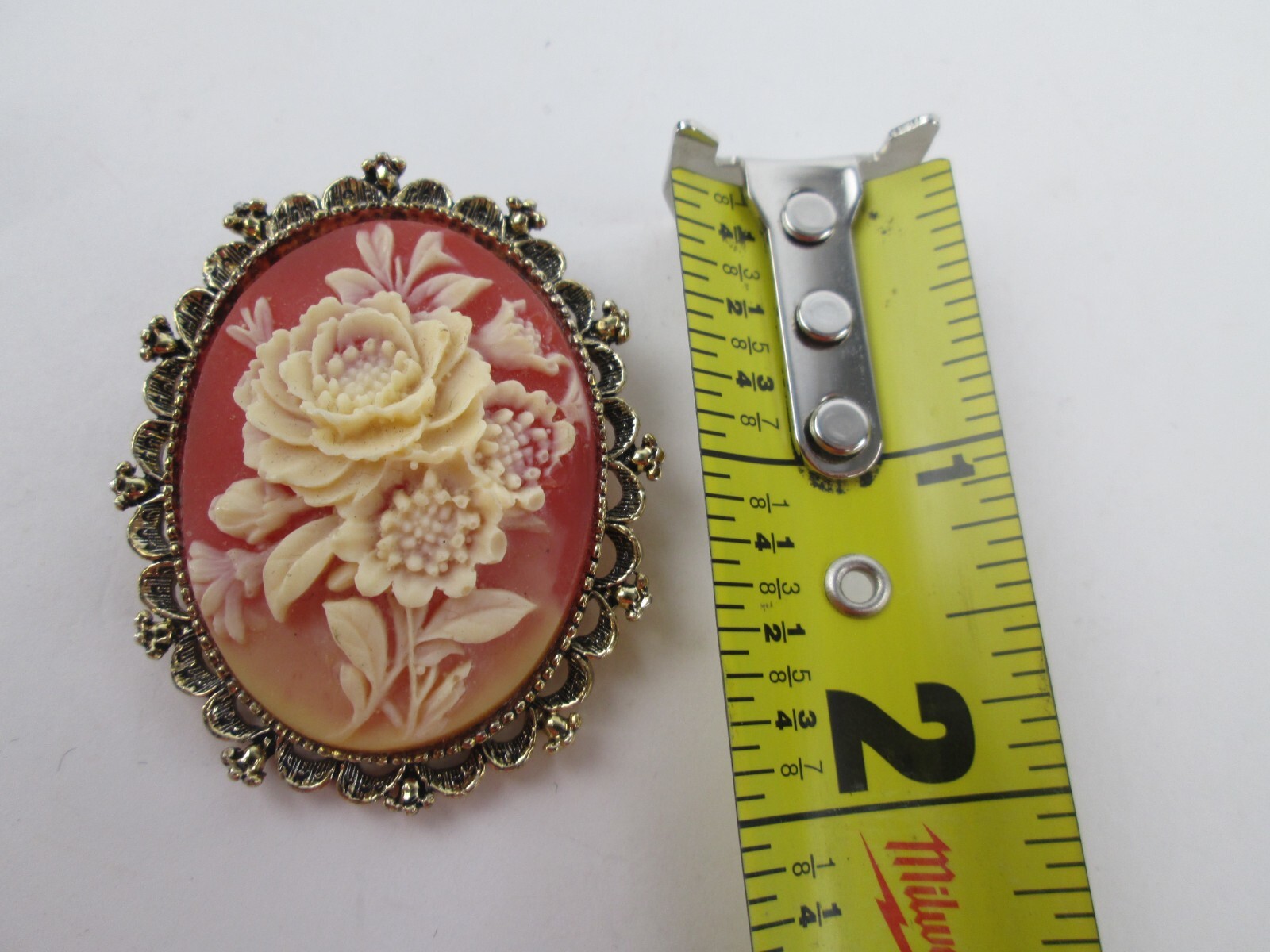 Vtg CAMEO Pink Resin Pendant BROOCH Carved Flower Signed GERRY’S