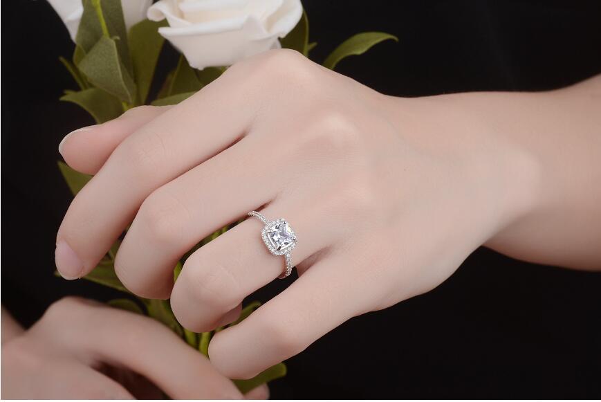 Pave Princess Cut Cubic Zirconia Silver SP Engagement Simulate Ring