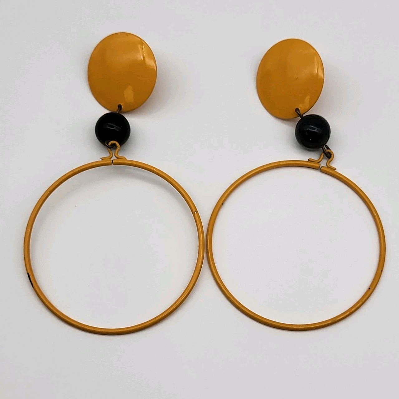 Fabulous Vintage Mustard Yellow Enamel Disco Hippie Earrings Large Hoops Bold