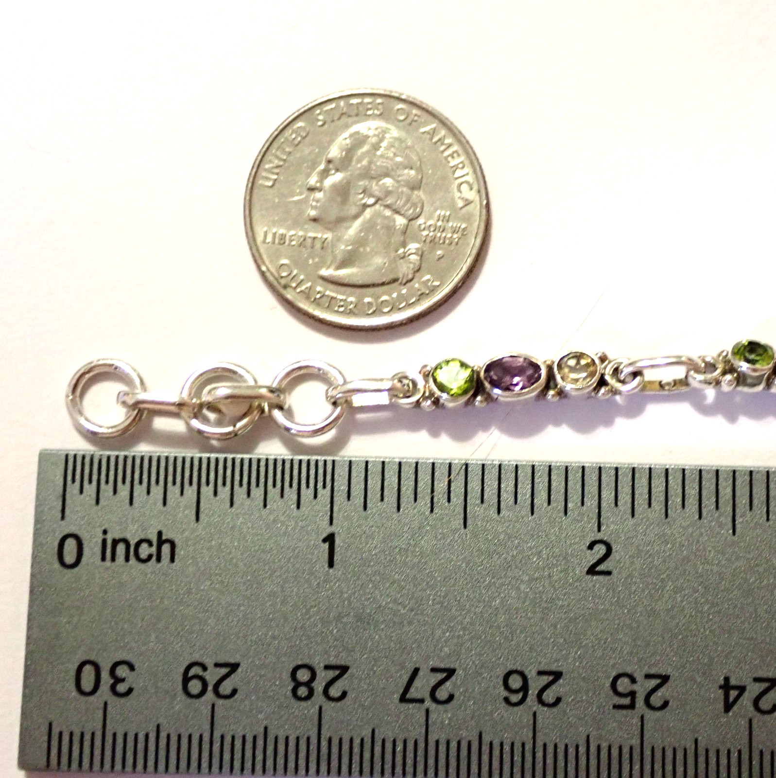 Multi-Stone Bracelet Peridot Amethyst Garnet Sterling Silver Hook 7.75″ 11.7g