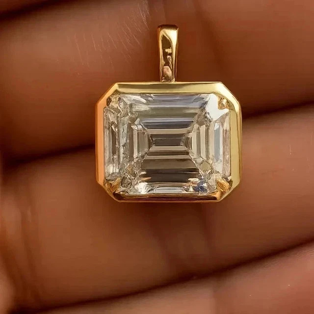 3CT Emerald Cut Moissanite Bezel Pendant Necklace 14K Yellow Gold Plated VVS1