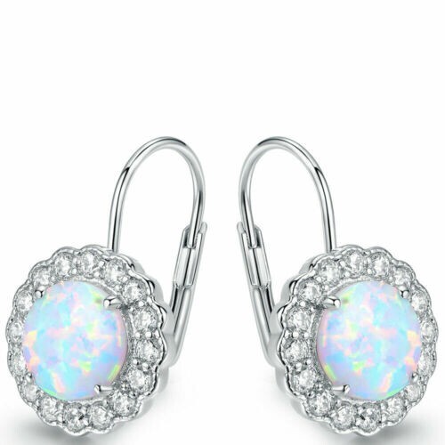 Womens Drop Halo Floral Leveback Earring 1.5ct White Lab Created Opal 925 Silver