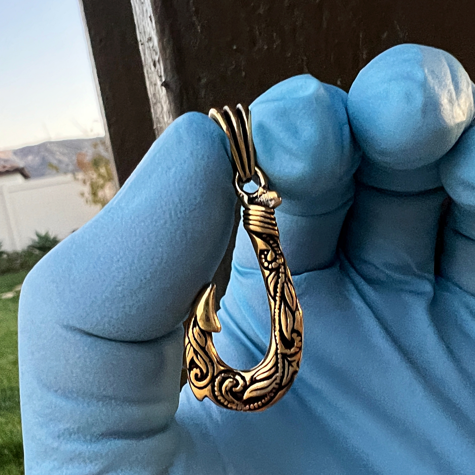 925 Sterling Silver Gold Plated Hawaiian Fishing Fish Hook Tribal Makau Pendant