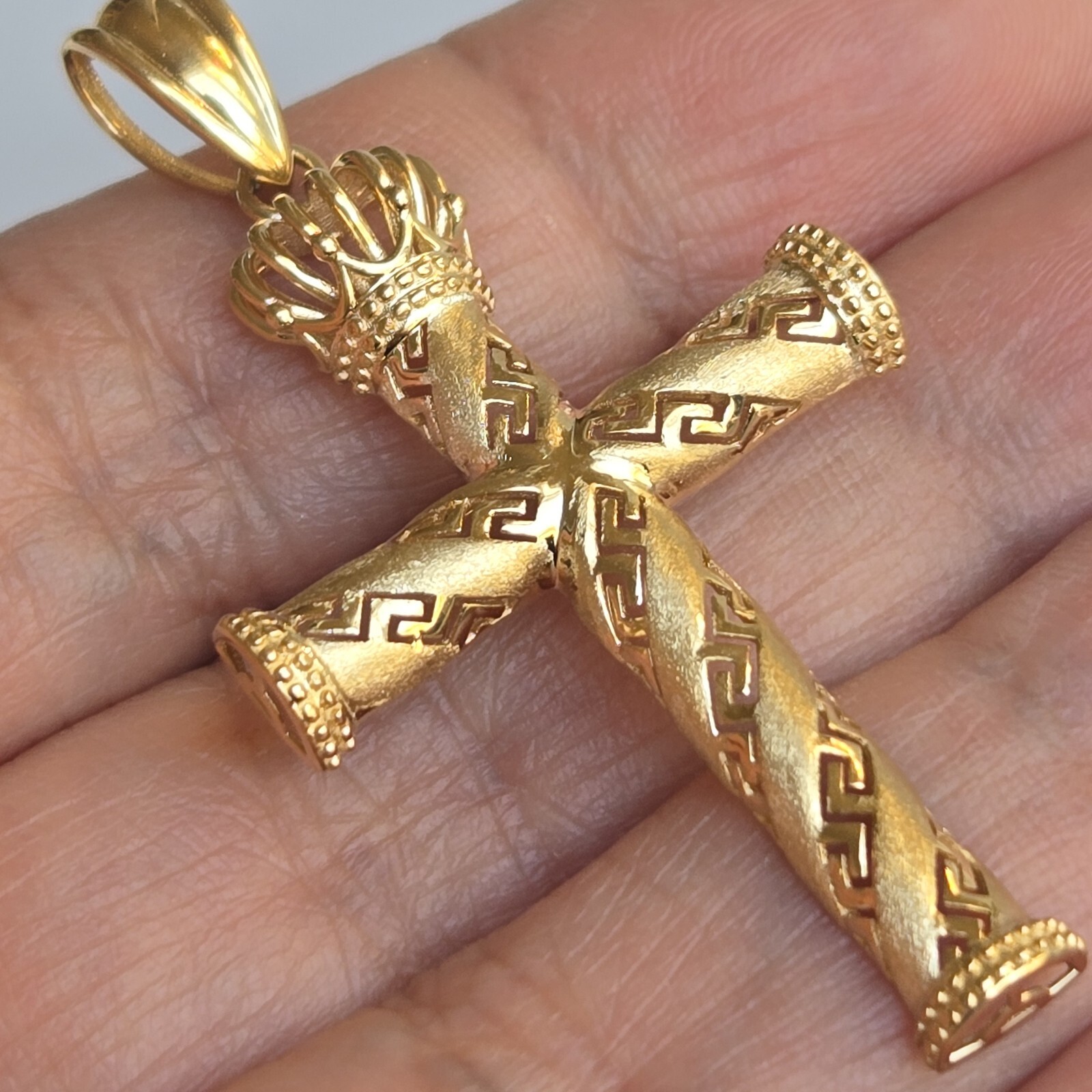 10k Gold Crown Cross Pendant Charm 1.95 inches long Medium Catholic Greek Key