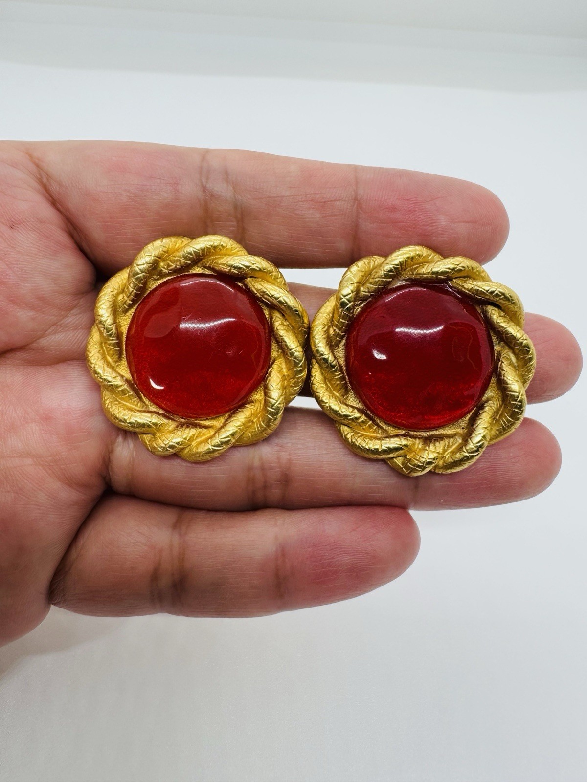 Vintage 80s Ann Taylor Red Resin Gold Rope Clip-On Earrings Statement Signed