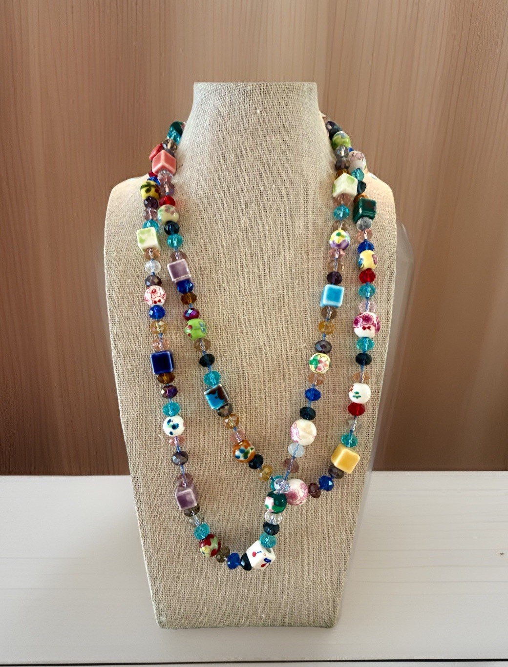 Necklace Colorful Mixed Media~Glass Beads,HandPainted Ceramic Sq/Rnd Beads 22”