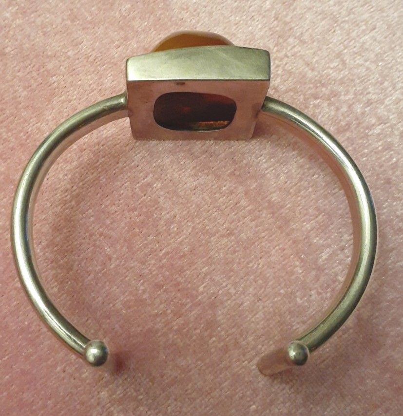 Vintage Sterling Silver Polish Honey Amber Cuff Bracelet Size Large