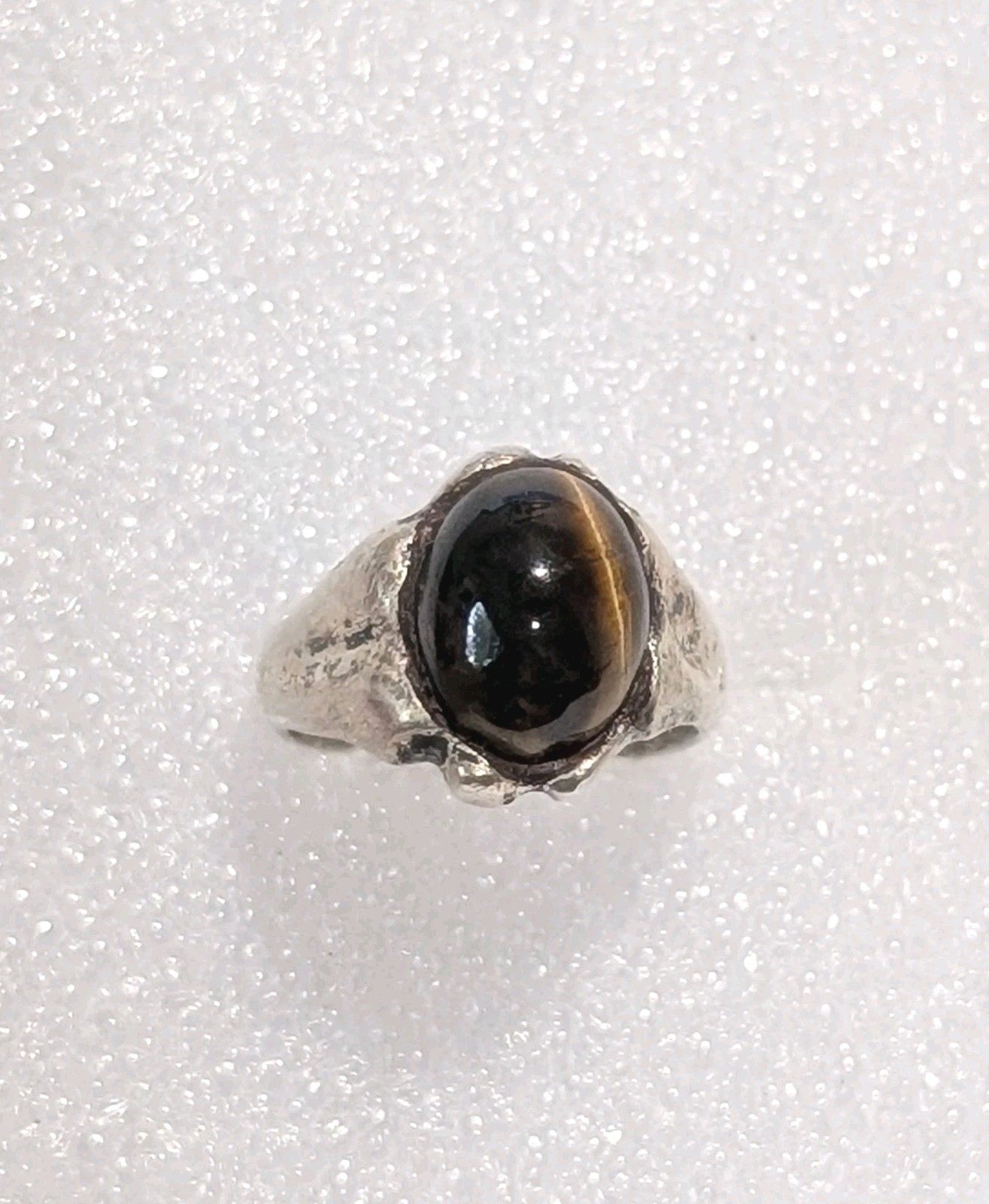 Vintage Cast Sterling Silver Genuine Tiger’s Eye Cabochon Size 3.25 Pinky Ring