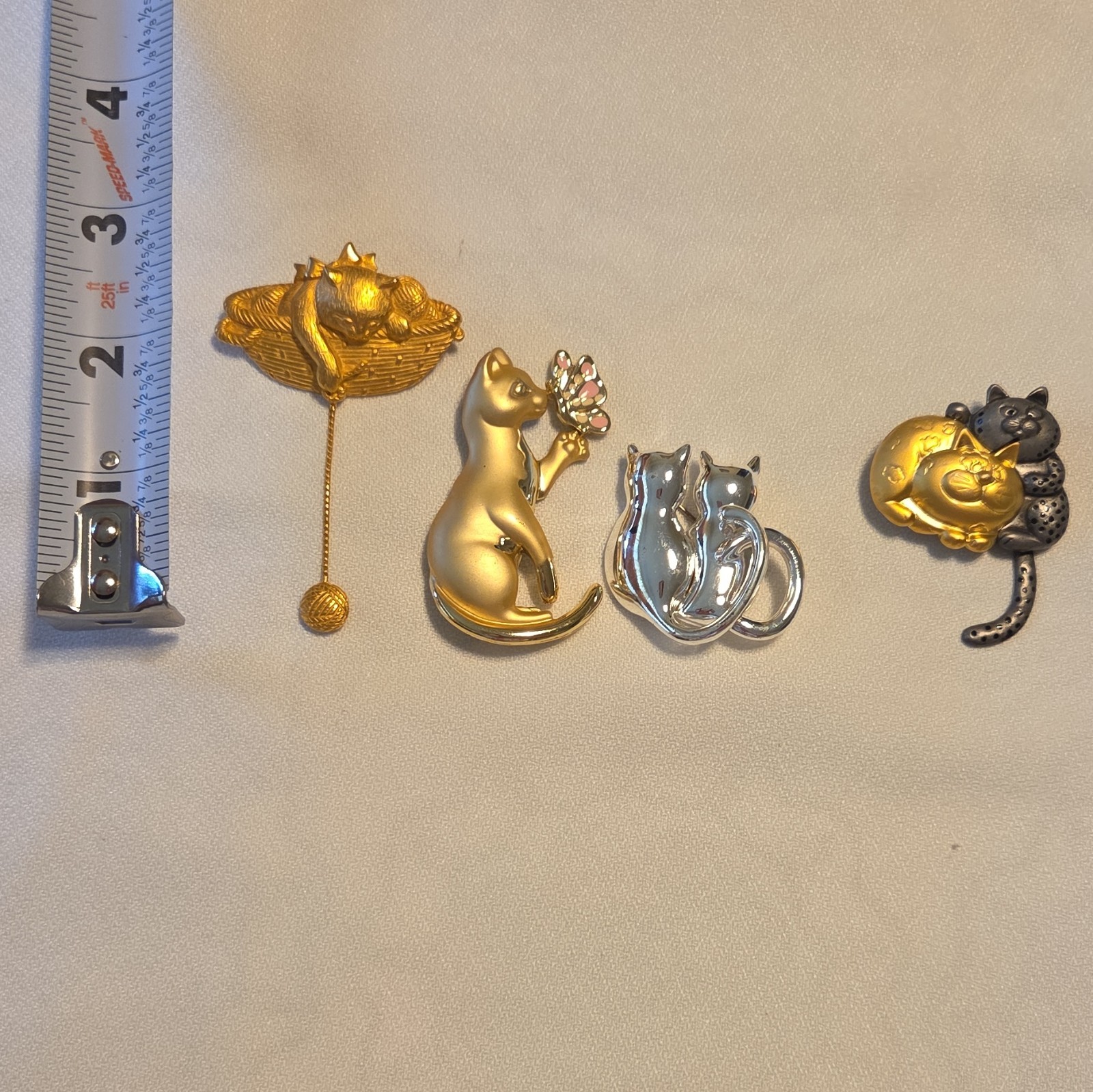 Lot of 4 Cat Animal Lapel Pins Metal Gold Silver Black White No Stone