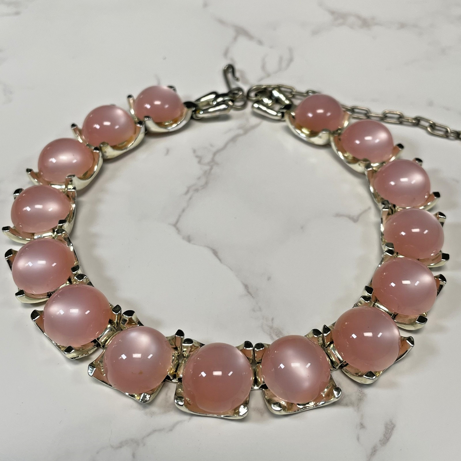Vintage Coro Pink Moonglow Thermoset Chocker Necklace Silver Gold Tone MCM 12″