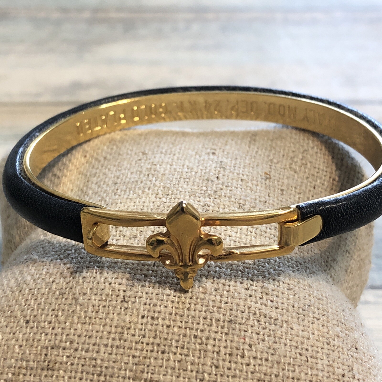 Fleur de Lis 24k Plated Italy Bracelet Blue Calf Skin Leather Hook Bangle