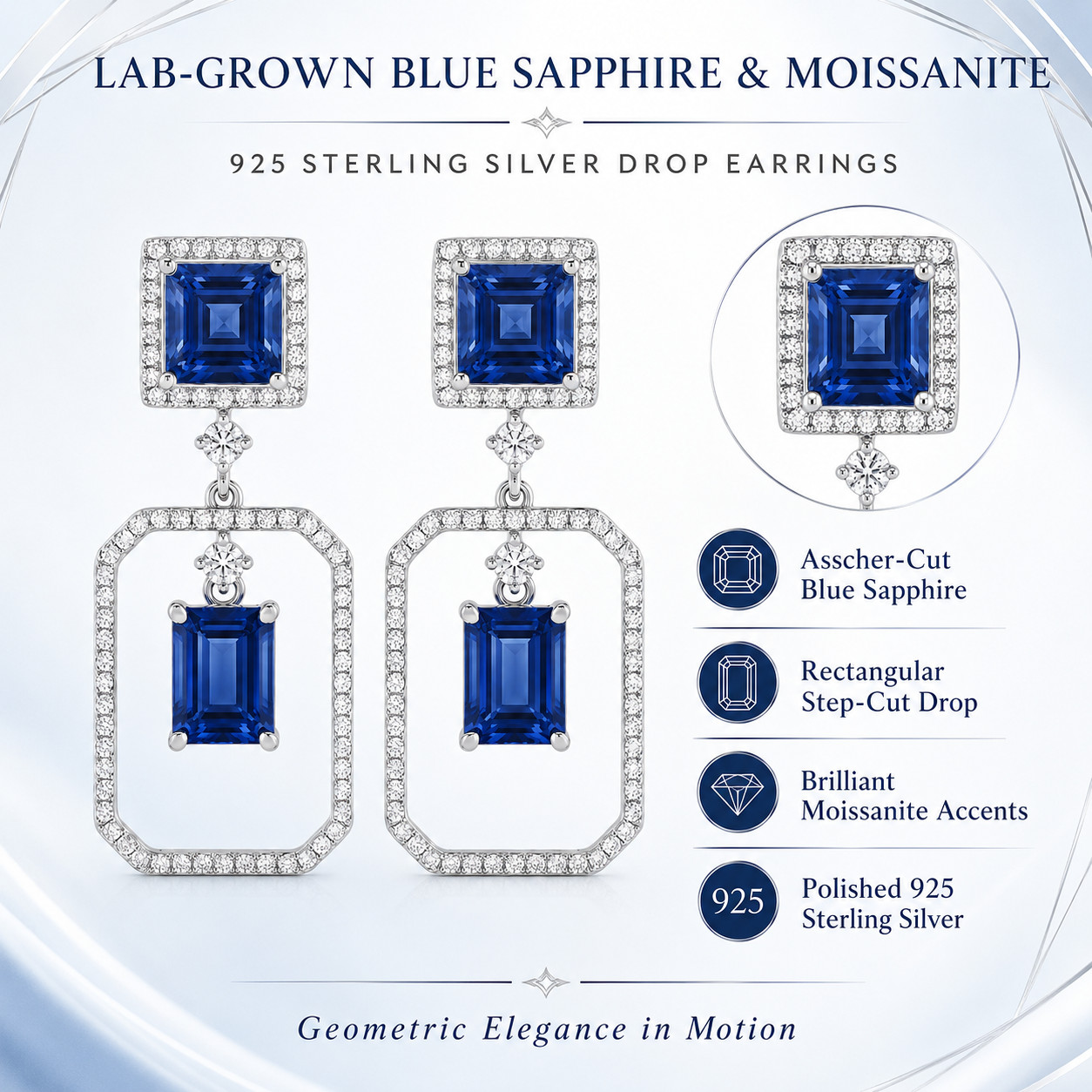 925 Sterling Silver Lab Grown Blue Sapphire Asscher Cut Moissanite Drop Earrings