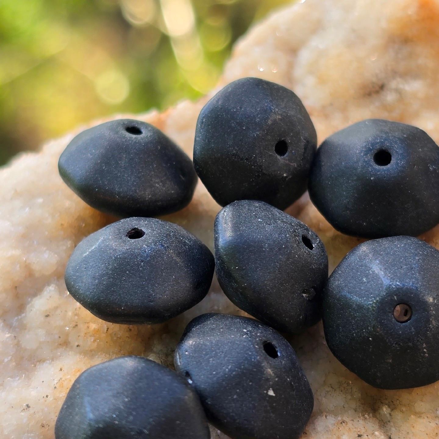 Vintage Matte Black Frosted German Glass Faceted Bicone Beads Brutalist 8pc