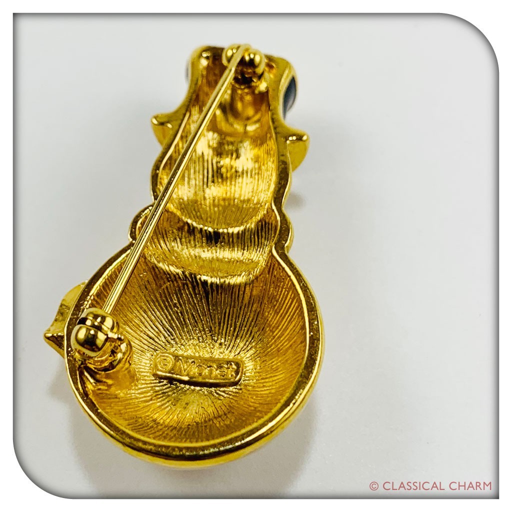 Monet Frosty Snowman Pin Brooch Enamel Gold Tone black And Blue Stones Top Hat