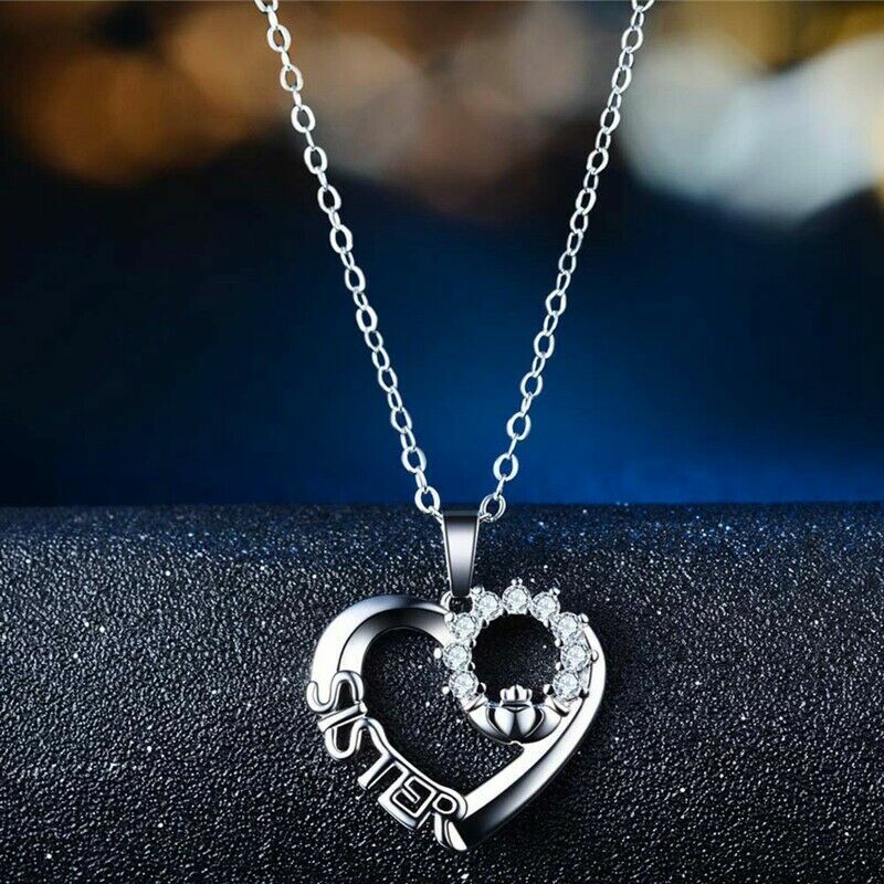 Elegant 925 Sterling Silver Love Heart Sister White Topaz Fashion Charm Necklace