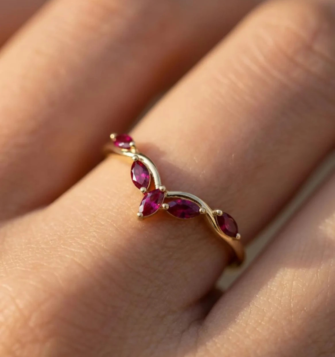 Lab Created Ruby Cluster Band V-Shaped Ring 925 Sterling Silver Gold Plated Ring