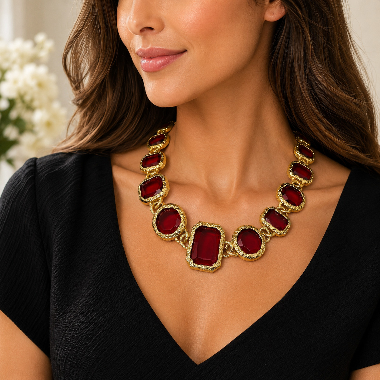 Catwalk Jon New Signed Rich Red Acrylic Collar Necklace Gold Tone Statement 19”
