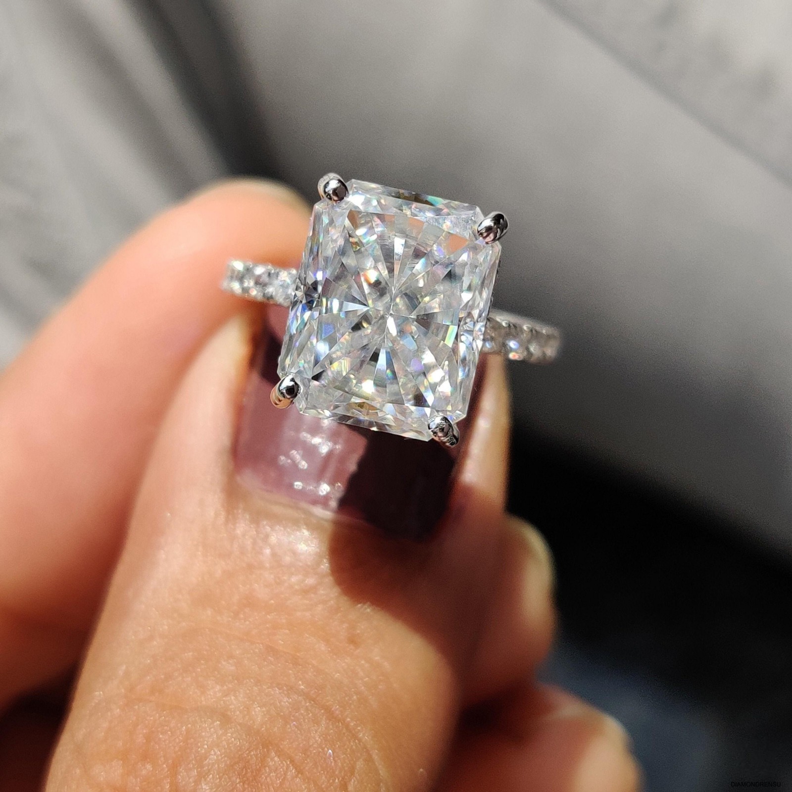 4.76CT Radiant Cut Crushed Ice Moissanite Ring Pave Engagement Ring