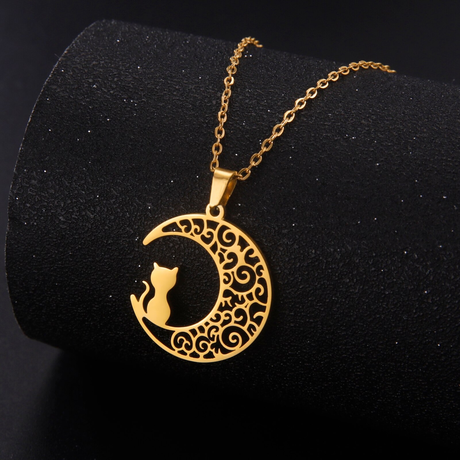 Moon Cat Pendant Necklace for Women Girls Stainless Steel Neck Chain Jewelry