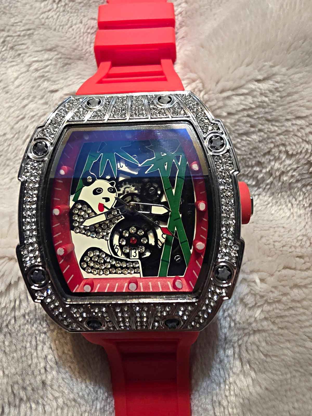 Cartoon Tonneau Analog Quartz Wristwatch 12-Hour Multicolor Dial Red Strap