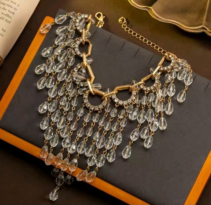 Luxury Crystal Tassel Statement Necklace Gold Tone Elegant Party Wedding Jewelry