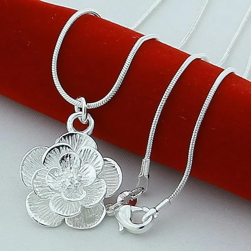 925 Sterling Silver Rose Pendant Necklace Snake Chain Women Wedding Jewelry Gift