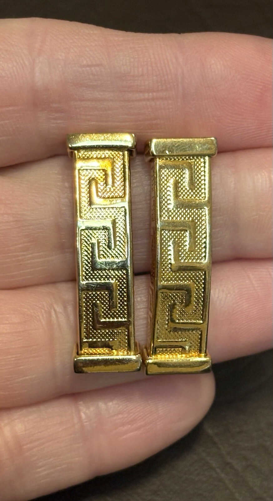 18K Yellow Gold Plated Designer Signed Greek Key Pierced Earrings