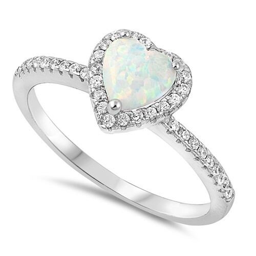 Heart White Lab Opal Halo CZ Promise Ring .925 Sterling Silver Band Sizes 5-10