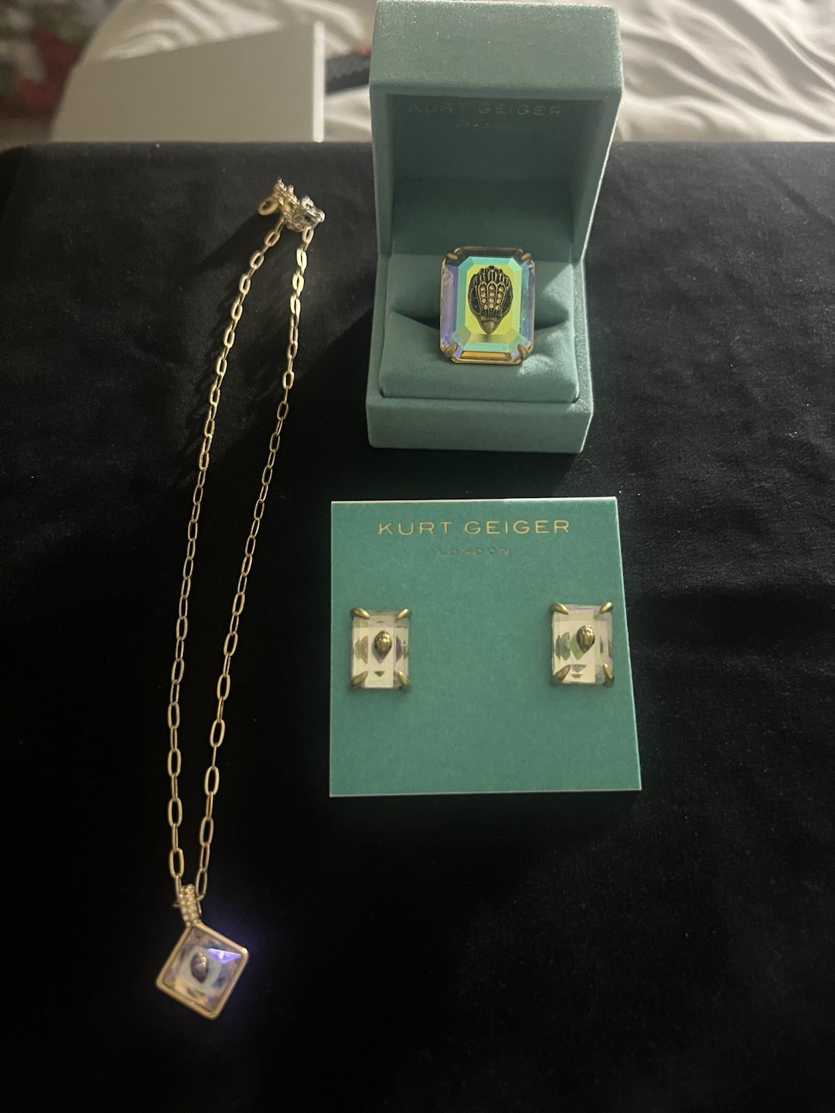 Kurt Geiger Gold Necklace with Iridescent Crystal Diamond Pendant