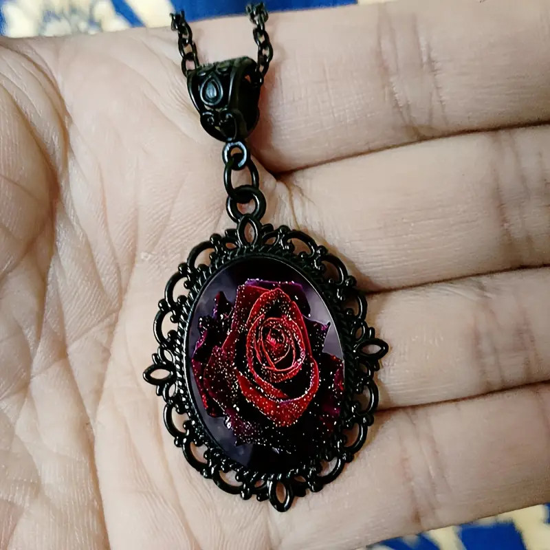 Rose Gothic Black Jewelry Vintage look Oval Pendant Necklace A