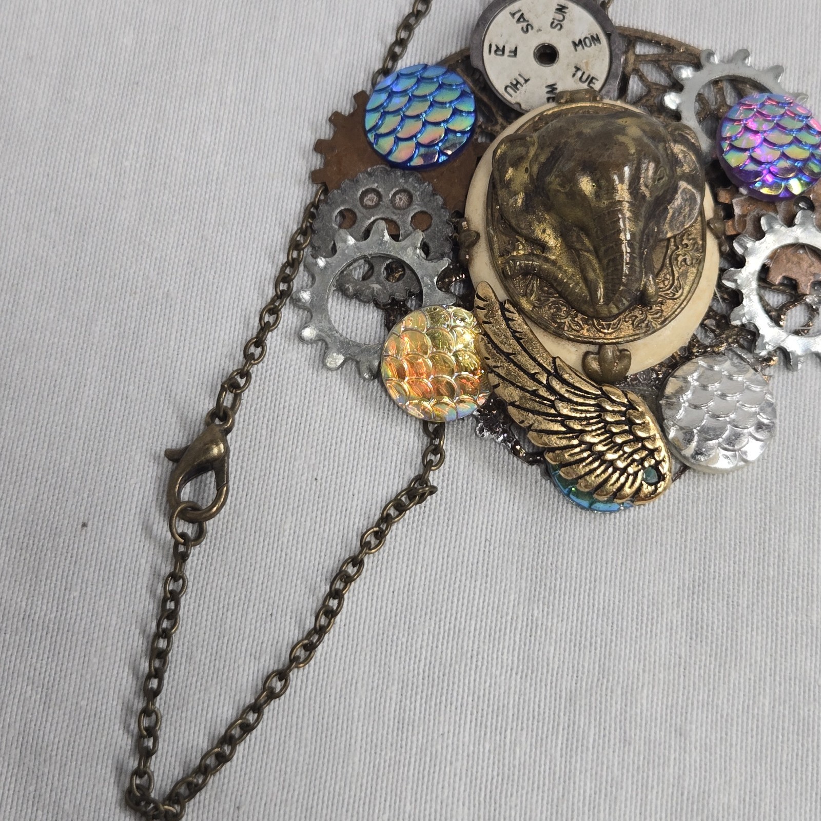 Steampunk Gear Charm Pendant Necklace Mixed Metal Multicolor Cable Chain Lobster